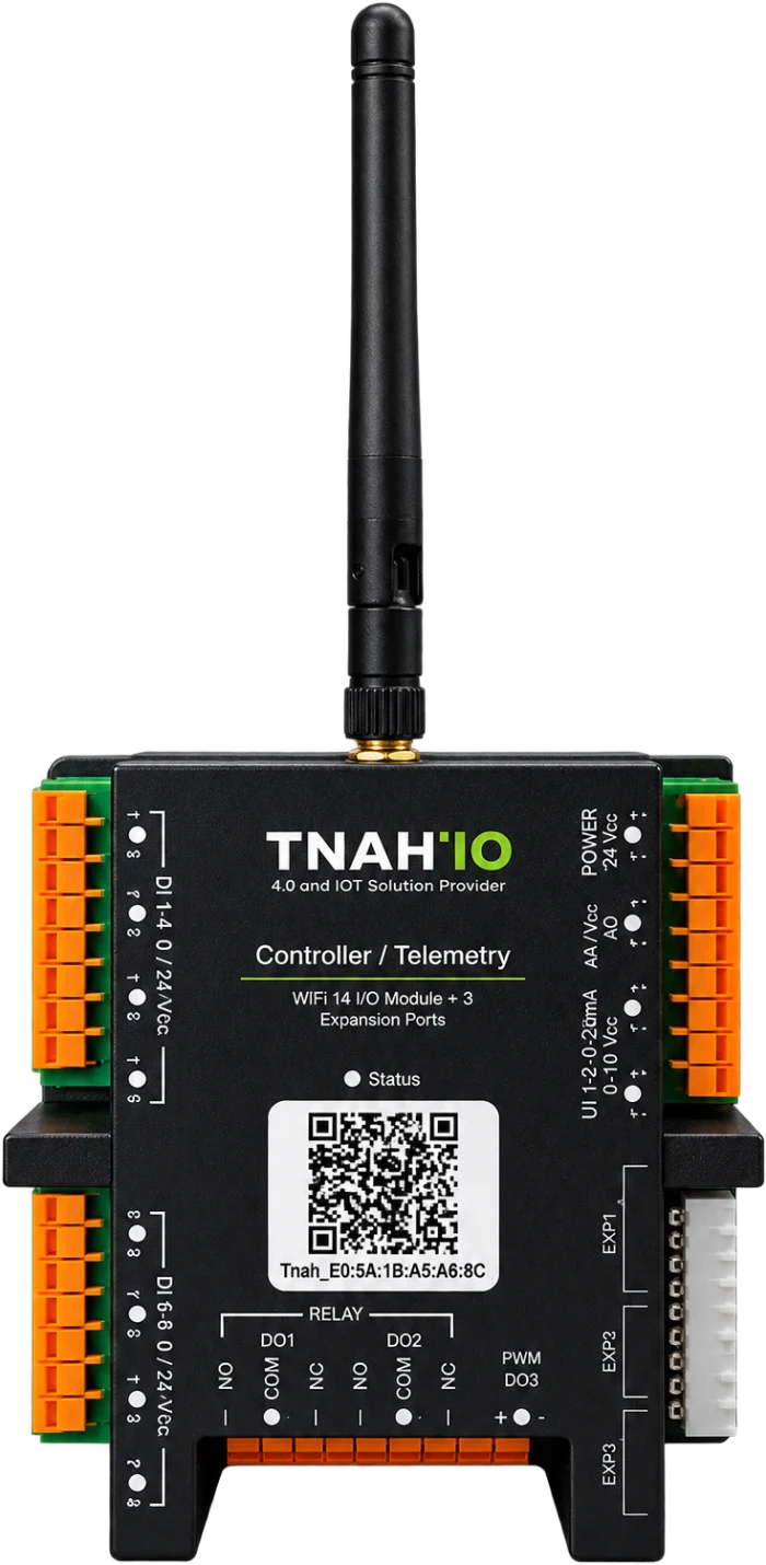 Controlador padrão TNAH IO do Kit OEE: entradas digitais 0/24 Vcc, entradas universais, saídas a relé, portas de expansão e antena Wi-Fi