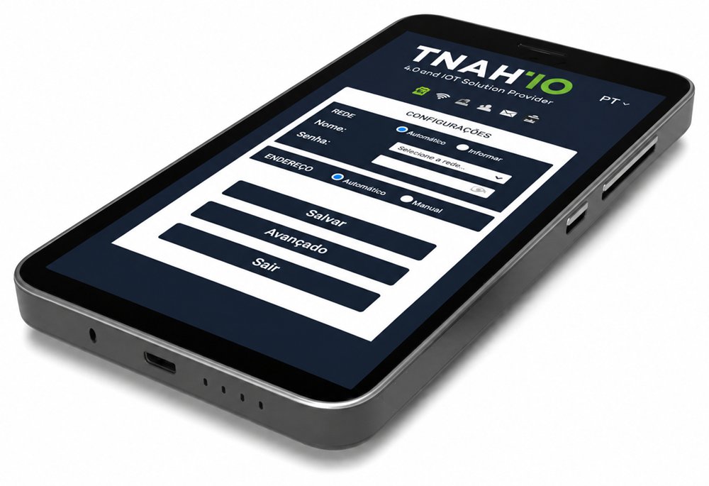 Tela de configuração do controlador TNAH IO num tablet: nome e senha da rede Wi-Fi, seleção da rede e endereço IP automático ou manual, com os botões Salvar, Avançado e Sair